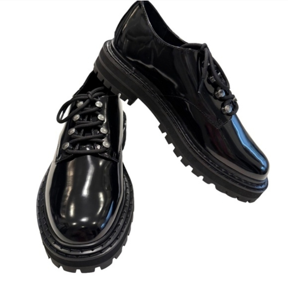 D'Amelio Women's Chunky Lace Up Oxford Shoes Black Glossy Size 8
